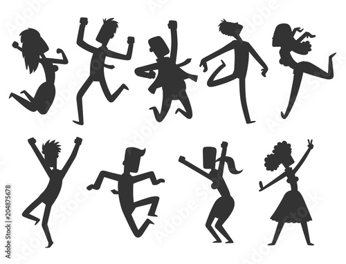 People jumping in celebration party vector happy man jump celebration joy character silhouette cheerful woman active happiness expression many joyful friends portrait.