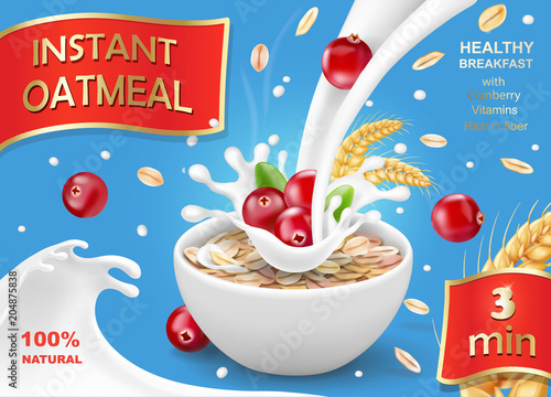 Oat flakes with cranberry, oatmeal advertising with milk splash