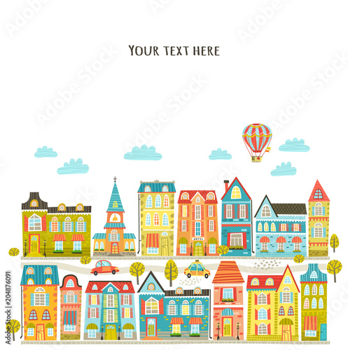 Vector file with cute city, home, street. Pattern