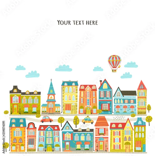 Obraz Vector file with cute city, home, street. Pattern
