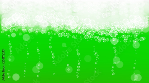 Green beer background for Saint Patricks Day with bubble foam. Cool beverage for restaurant menu design, banners and flyers. Realistic backdrop with green beer for St. Patrick. Cold ale glass