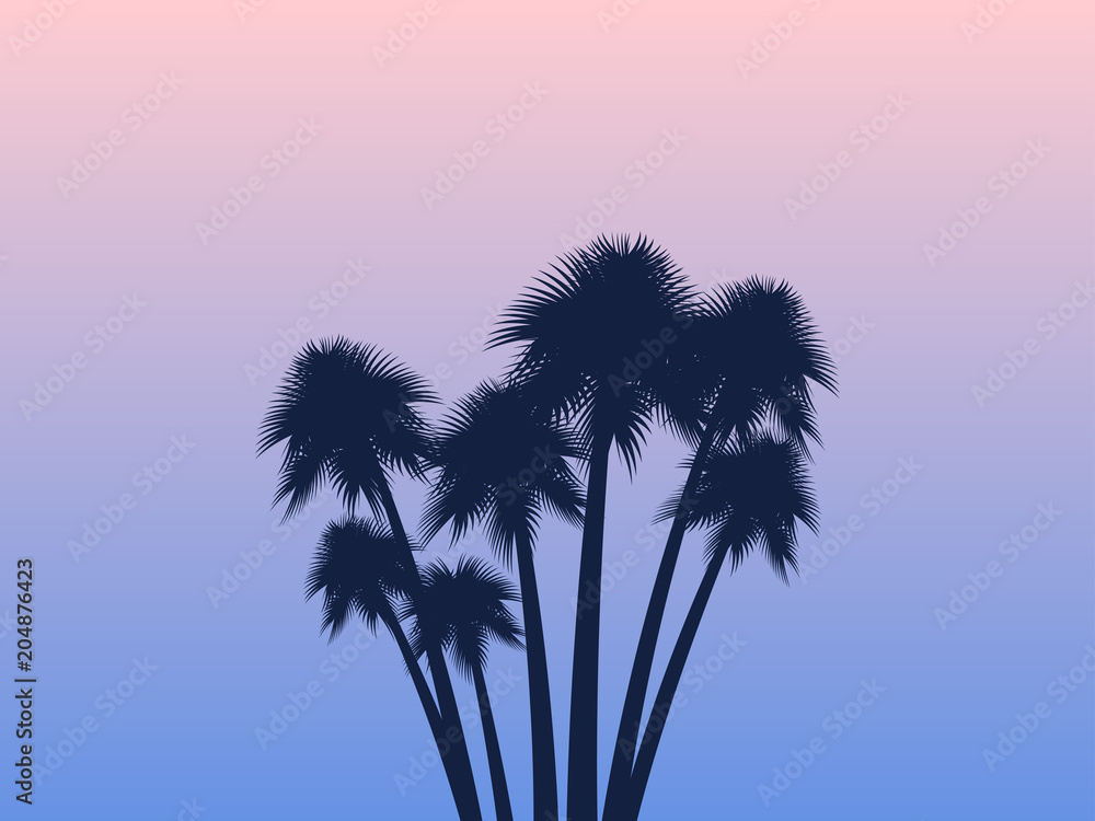 Palms. Tropical landscape. Rose quartz and serenity gradient background. Exotic trees. Vector illustraion