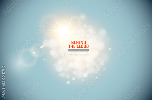 Vector sparkling cloud with shining lens flare light effect on blue sky background. Glowing center headline place. Abstract light sparks elegant design.