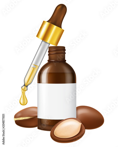 Eye dropper dropping essential argan oil and glass bottle with argan nuts. Vector illustration.