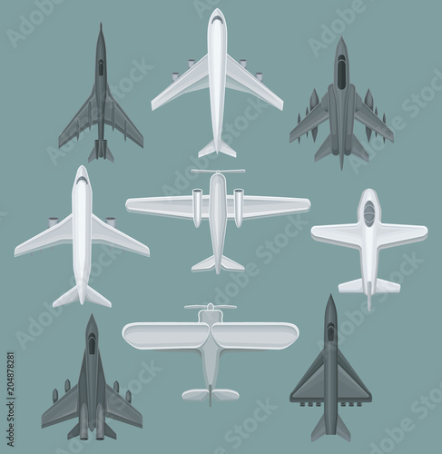 Flat vector set of different types of aircraft. Powerful fighter jets. Airplanes for transporting passengers or cargo. Aviation theme.