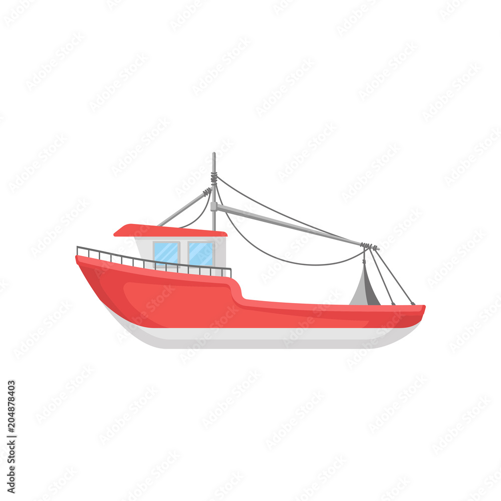 Flat vector design of bright red fishing boat. Big marine vessel. Element for infographic or mobile game Flat vector design of bright red fishing boat. Big marine vessel. Element for infographic or mobile game