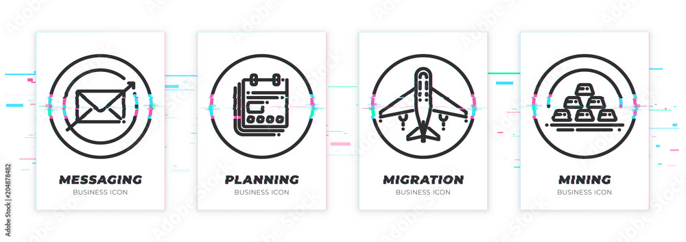 Messaging, planning, migration, mining. Business theme glitched black icons set. Scalable vector objects on transparent background. Modern distorted glitch style.