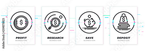 Money, search, save, deposit. Business theme glitched black icons set. Scalable vector objects on transparent background. Modern distorted glitch style.