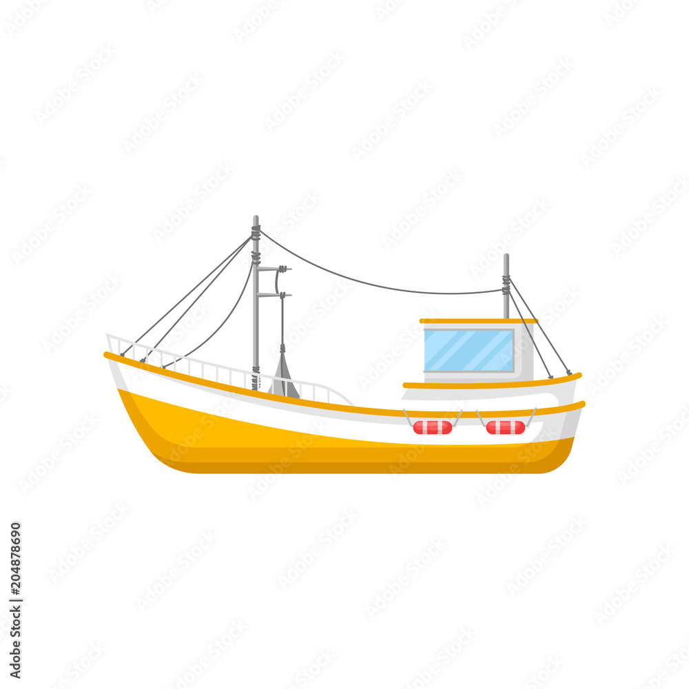 Flat vector icon of yellow fishing trawler. Ship with trawling gear and lifebuoys. Marine vessel for industrial sea goods production