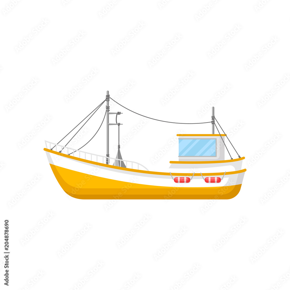 Flat vector icon of yellow fishing trawler. Ship with trawling gear and lifebuoys. Marine vessel for industrial sea goods production Flat vector icon of yellow fishing trawler. Ship with trawling gear and lifebuoys. Marine vessel for industrial sea goods production