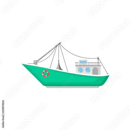 Green fishing boat with trawl net and lifebuoy. Ship for industrial seafood production. Flat vector icon of commercial marine vessel