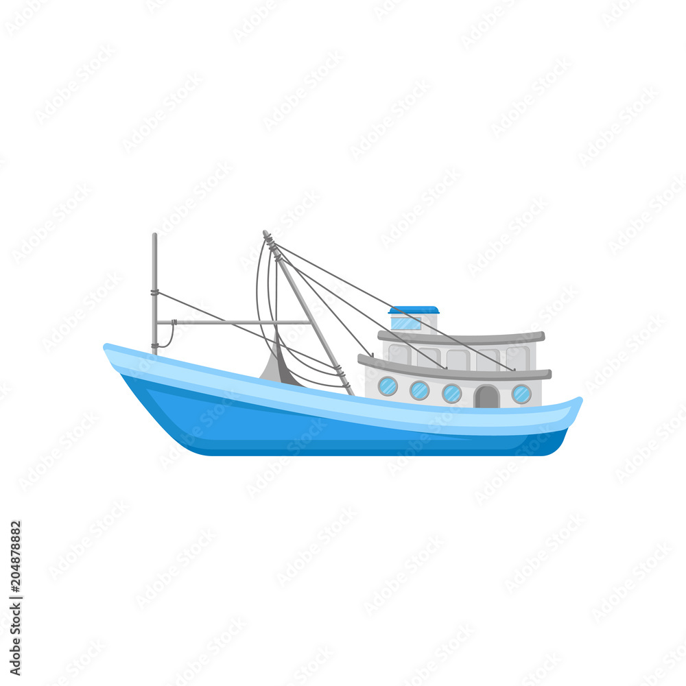 Flat vector icon of large commercial fishing boat with trawling equipment. Blue marine vessel for industrial seafood production