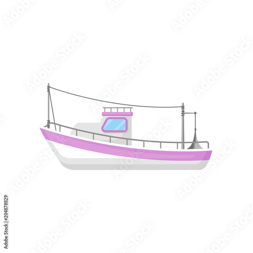 Flat vector icon of fishing boat with trawling gear. Industrial marine vessel. Ocean or sea theme
