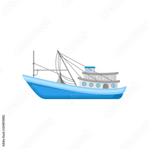 Flat vector icon of large commercial fishing boat with trawling equipment. Blue marine vessel for industrial seafood production