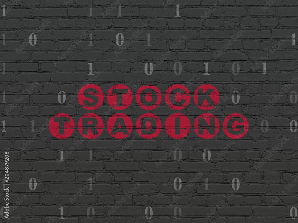 Obraz premium Business concept: Painted red text Stock Trading on Black Brick wall background with Binary Code
