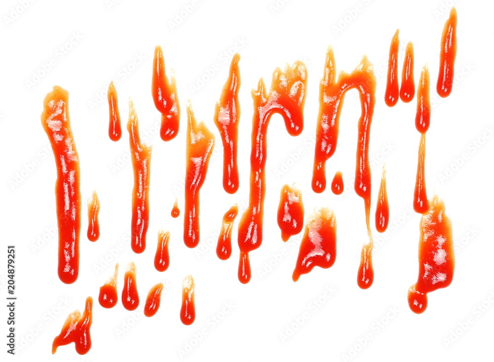 Red ketchup spreading, splashes isolated on white background, tomato pure texture, top view Red ketchup spreading, splashes isolated on white background, tomato pure texture, top view