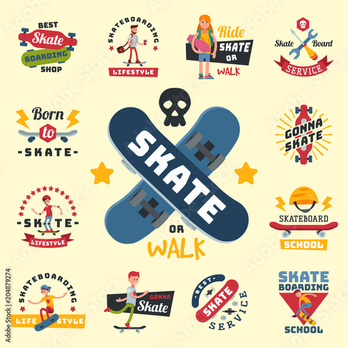 Skateboarders people tricks silhouettes sport badge extreme action active skateboarding urban young jump person vector illustration.