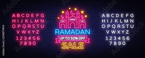 Ramadan Sale neon sign vector. Ramadan Kareem Web design banner in modern trendy style for image of your product, light banner, nightly bright advertising of holiday discounts. Editing text neon sign