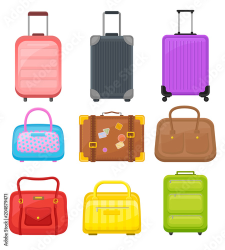 Flat vector set of various travel bags. Suitcases on wheels, elegant women handbags and retro case with stickers
