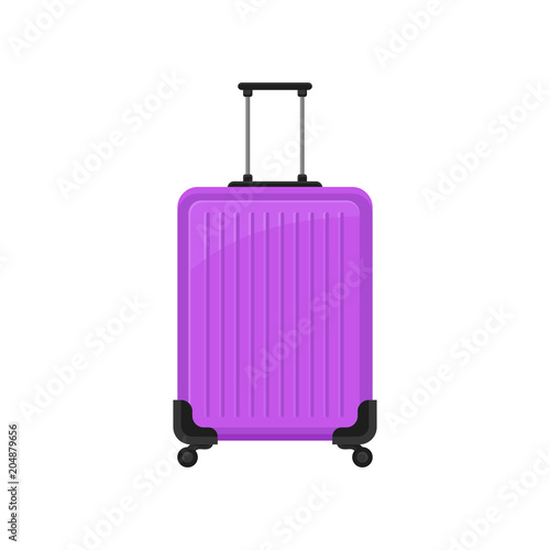 Bright purple polycarbonate suitcase on spinner wheels. Flat vector icon of travel bag with telescopic handle. Luggage of traveler