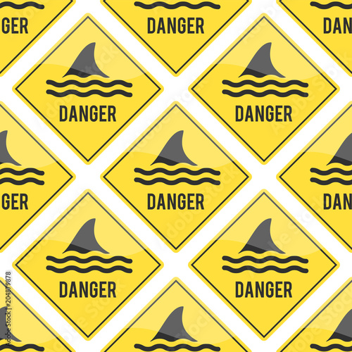 Attention shark fin flipper vector sign icon dangerous button water beach serfing shark warning yellow sign