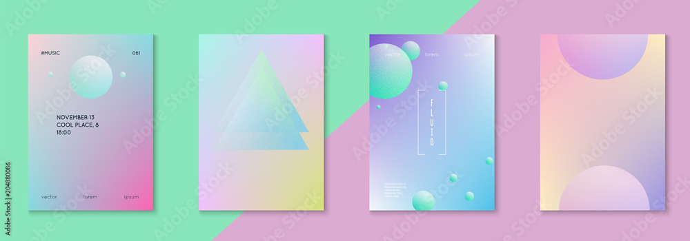 Cover fluid set with round shape. Gradient circles on holographic background. Modern hipster template for placard, presentation, banner, flyer, brochure. Minimal cover fluid in vibrant neon colors.