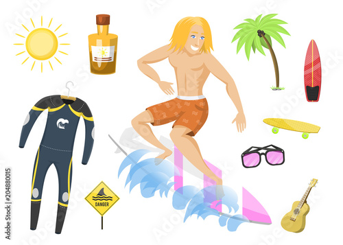 Surfing active water sport surfer summer time beach activities man windsurfing jet water wakeboarding kitesurfing vector illustration.
