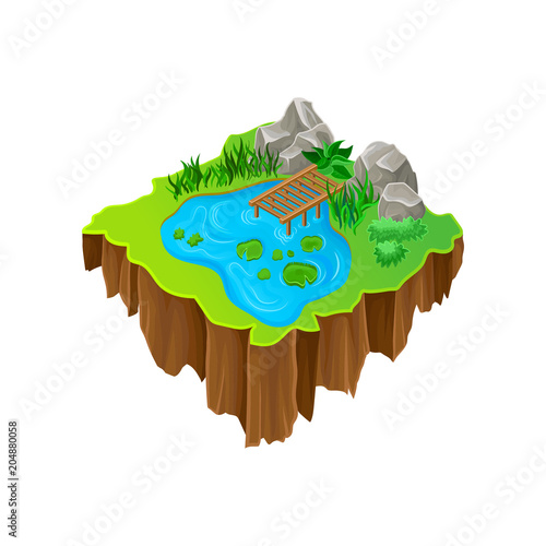 Cartoon vector design of isometric island. Lake with wooden pier, stones, green plants and grass. Element for mobile game