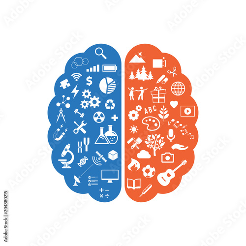 Abstract human brain with the icons of art and science. The concept of work left and right sides of the human brain. Education icons. Vector illustration.