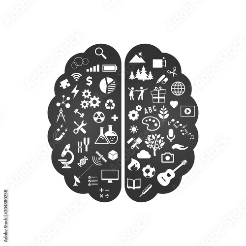 Black and white Abstract human brain with the icons of art and science. The concept of work left and right sides of the human brain. Education icons. Vector illustration.