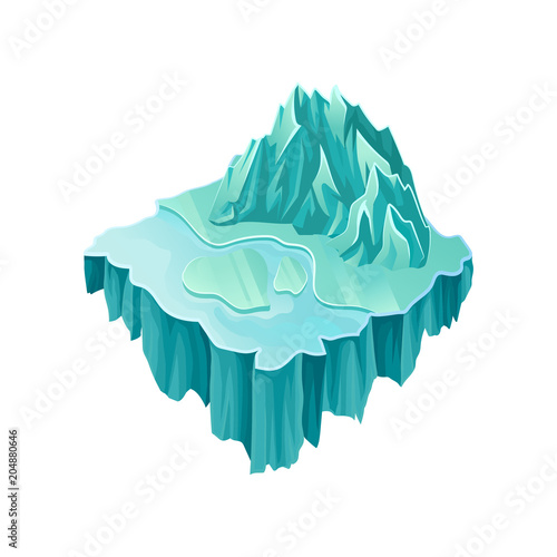 Isometric ice island with big frozen mountain and lake. Colorful flying platform. Vector lement for computer or mobile game