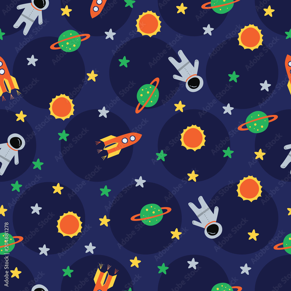 Astronaut, sun, rocket, planet in polka dots navy. A playful, modern, and flexible pattern for brand who has cute and fun style. Repeated pattern. Happy, bright, and magical mood.