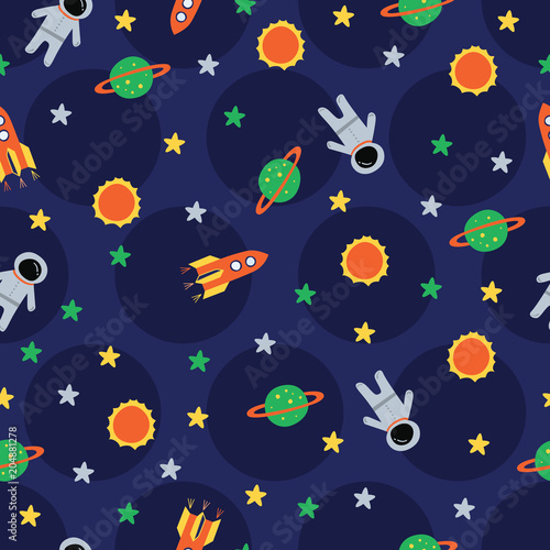 Astronaut, sun, rocket, planet in polka dots navy. A playful, modern, and flexible pattern for brand who has cute and fun style. Repeated pattern. Happy, bright, and magical mood.