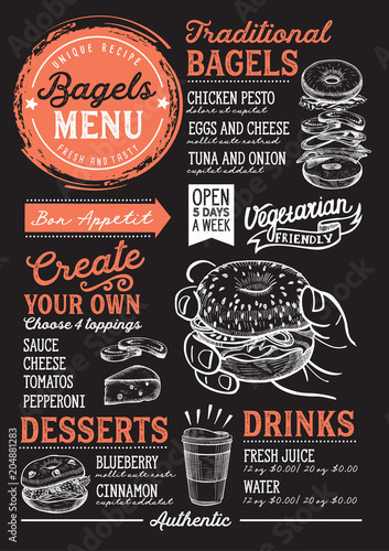 Bagels restaurant menu. Vector sandwich food flyer for bar and cafe. Design template with vintage hand-drawn illustrations.