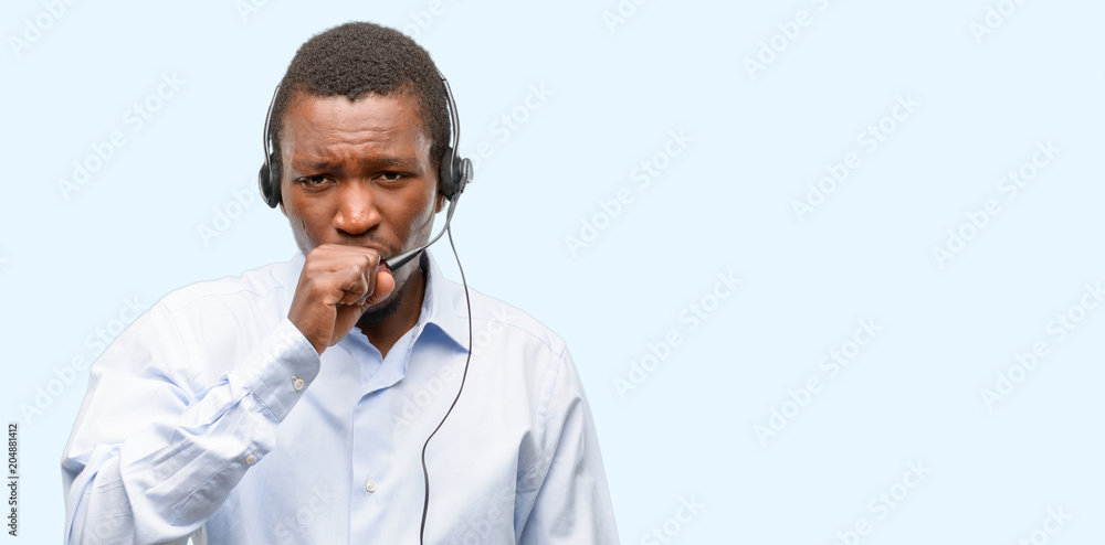 Black man consultant of call center sick and coughing, suffering asthma or bronchitis, medicine concept Black man consultant of call center sick and coughing, suffering asthma or bronchitis, medicine concept
