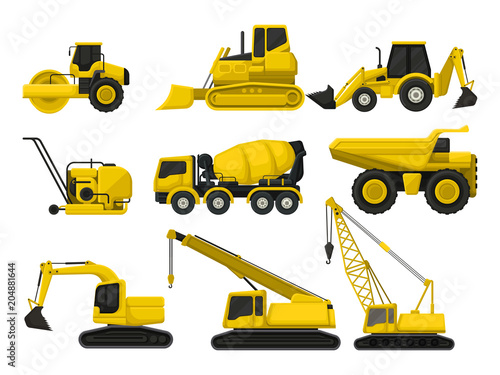 Flat vector set of construction equipment. Special machines for building. Road roller, bulldozer, concrete mixing truck, crawler crane
