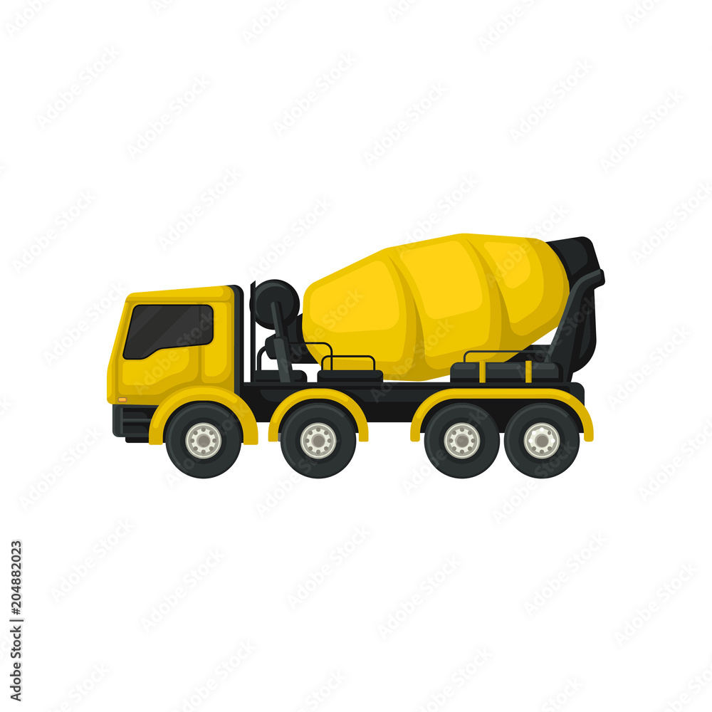 Flat vector icon of yellow concrete mixing truck. Large vehicle with rotating container. Machine using in construction industry Flat vector icon of yellow concrete mixing truck. Large vehicle with rotating container. Machine using in construction industry