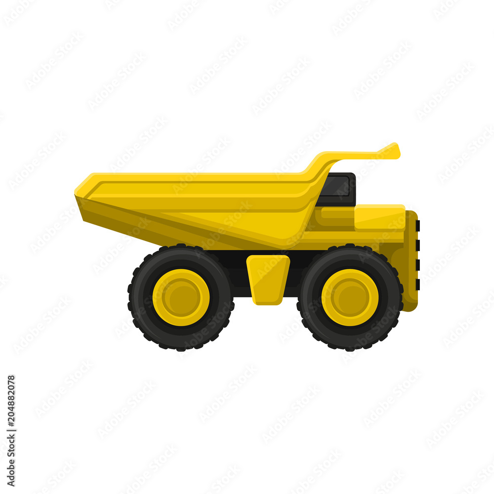 Yellow tipper big wheels. Flat vector icon of dumper truck with hydraulic tipping body. Heavy machine using in construction industry Yellow tipper big wheels. Flat vector icon of dumper truck with hydraulic tipping body. Heavy machine using in construction industry