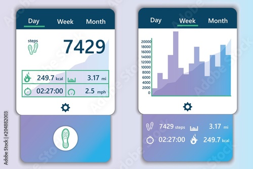 Mobile pedometer app. Passometer app. Mobile UI kit. Material Design UI, UX, GUI. Responsive web design. Different UI, UX, GUI screens.