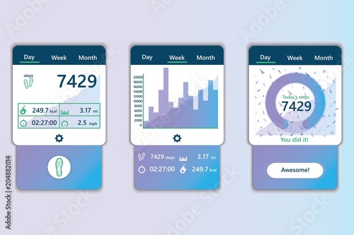 Mobile pedometer app. Passometer app. Mobile UI kit. Material Design UI, UX, GUI. Responsive web design. Different UI, UX, GUI screens.