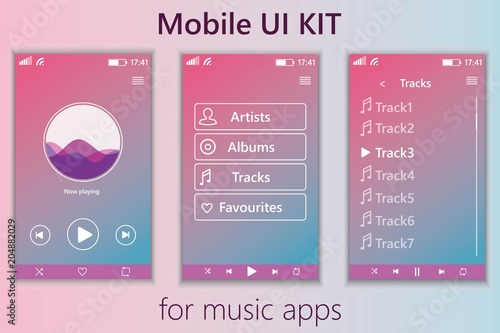 Mobile music app. Mobile UI kit. Material Design UI, UX, GUI. Responsive web design. Different UI, UX, GUI screens