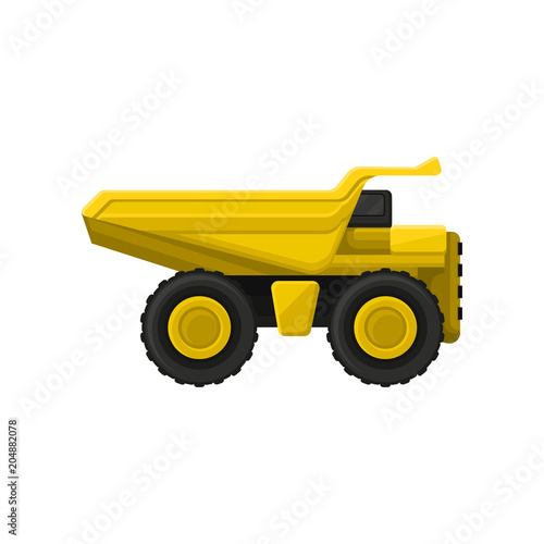 Yellow tipper big wheels. Flat vector icon of dumper truck with hydraulic tipping body. Heavy machine using in construction industry