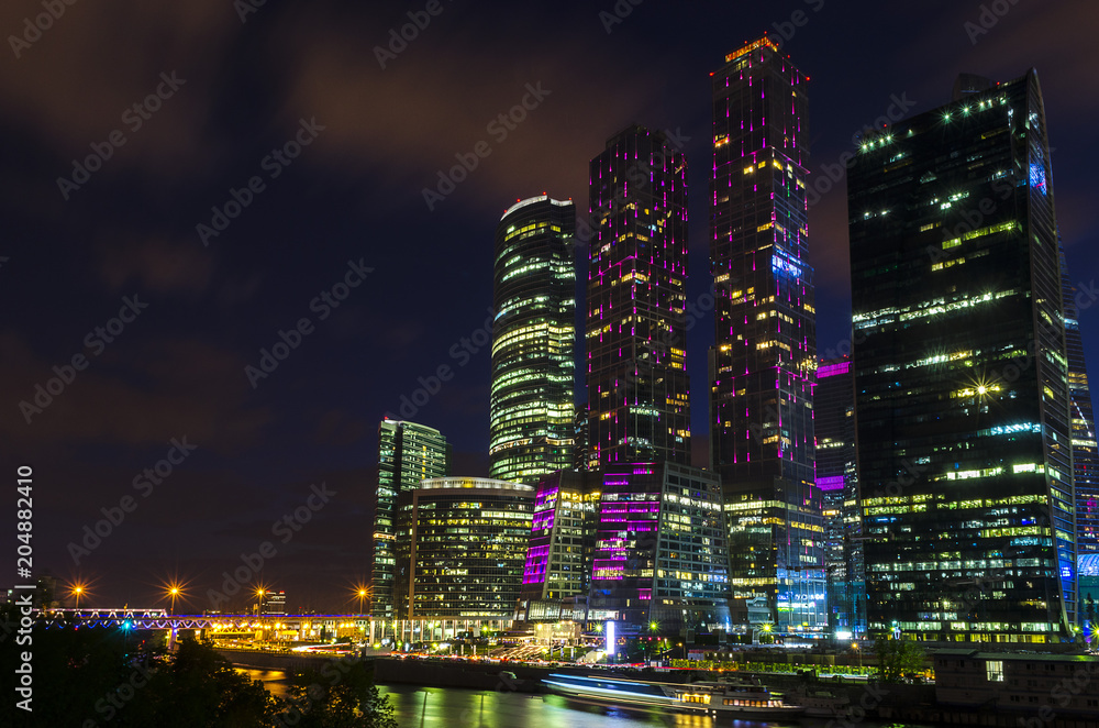 Moscow international business center Moscow City at night. Urban landscape metropolis night with skyscrapers