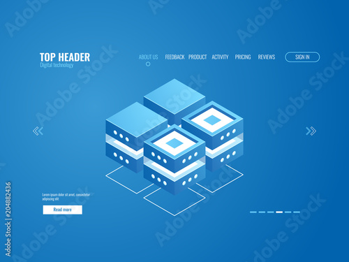 Database icon, data processing and cloud storage concept, digital technology abstract element isometric