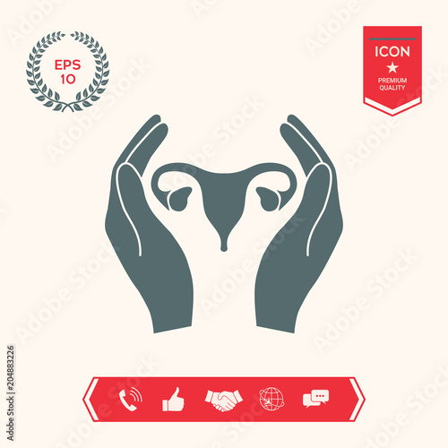 Hands holding Female uterus - protection icon
