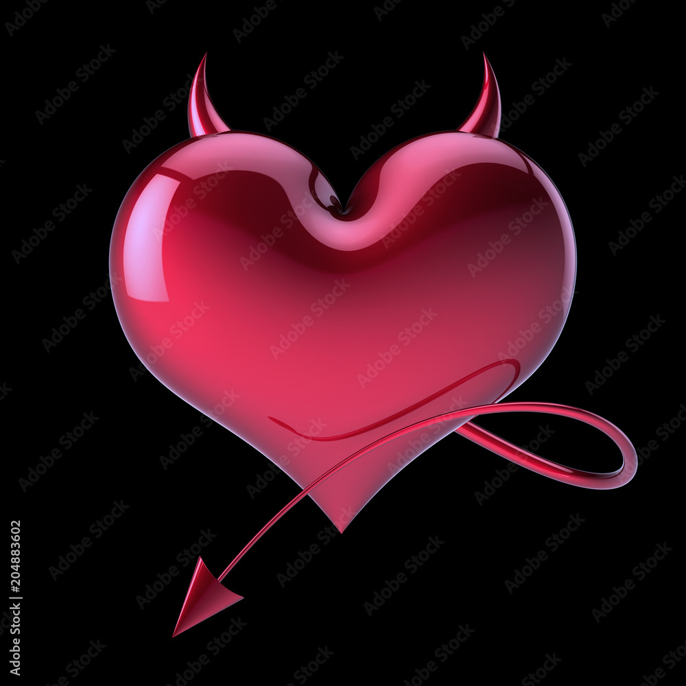 Heart devil fake love abstract, evil demon divorce symbol, lover concept, red horns and tail. Valentine's Day greeting card funny design element. 3d illustration, isolated on black Heart devil fake love abstract, evil demon divorce symbol, lover concept, red horns and tail. Valentine's Day greeting card funny design element. 3d illustration, isolated on black