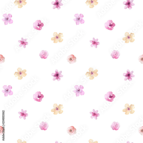 Watercolor floral pattern. Seamless pattern with purple  gold and pink bouquet on white background. Flowers  roses  peonies and leaves