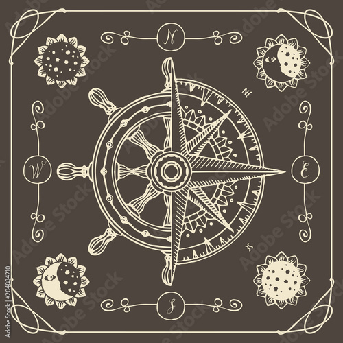 Vector banner with wind rose, old compass, ship wheel, decorative moons and suns in different phases in retro style. Drawing chalk on the blackboard on the theme of travel, adventure and discovery.