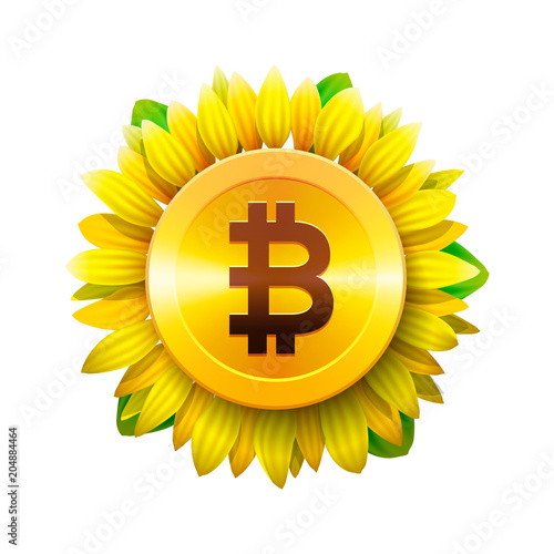 Bitcoin flower concept of virtual money for bitcoin and blockchain. Sunflower icon, bitcoin business concept, vector illustration