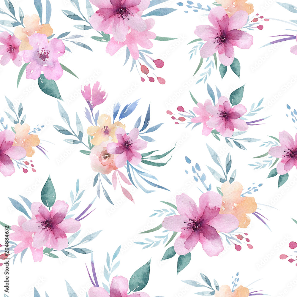 Obraz premium Watercolor floral pattern. Seamless pattern with purple, gold and pink bouquet on white background. Flowers, roses, peonies and leaves